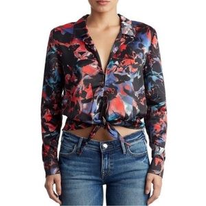 TRUE RELIGION  Xs Deep V Front Tie Multicolor Crop Blouse Gold Clasp Closure